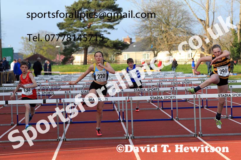 75 metres hurdles, 2022 NEGP No. 1,  Monkton Stadium, April 20th, on a very cold night. Photo: David T. Hewitson/Sports for All Pics